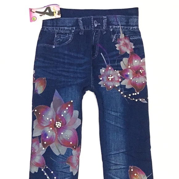 Zhenzhixiu Pants - Floral & Pearl Studded Denim Look Leggings
